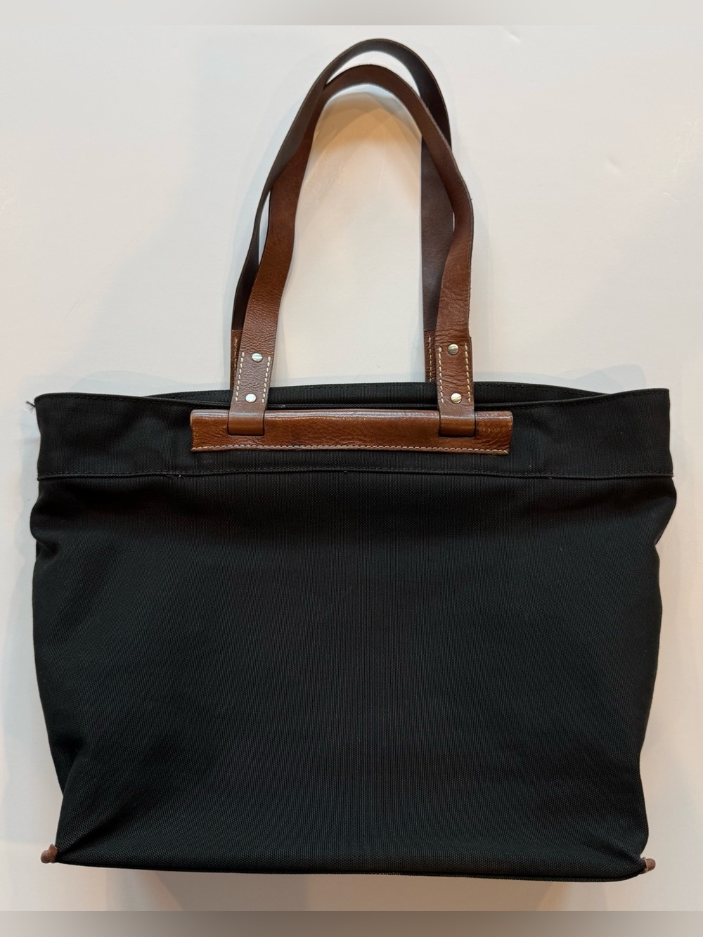 Vintage Banana Republic Black Canvas Shoulder Tote Purse Brown Leather Handles